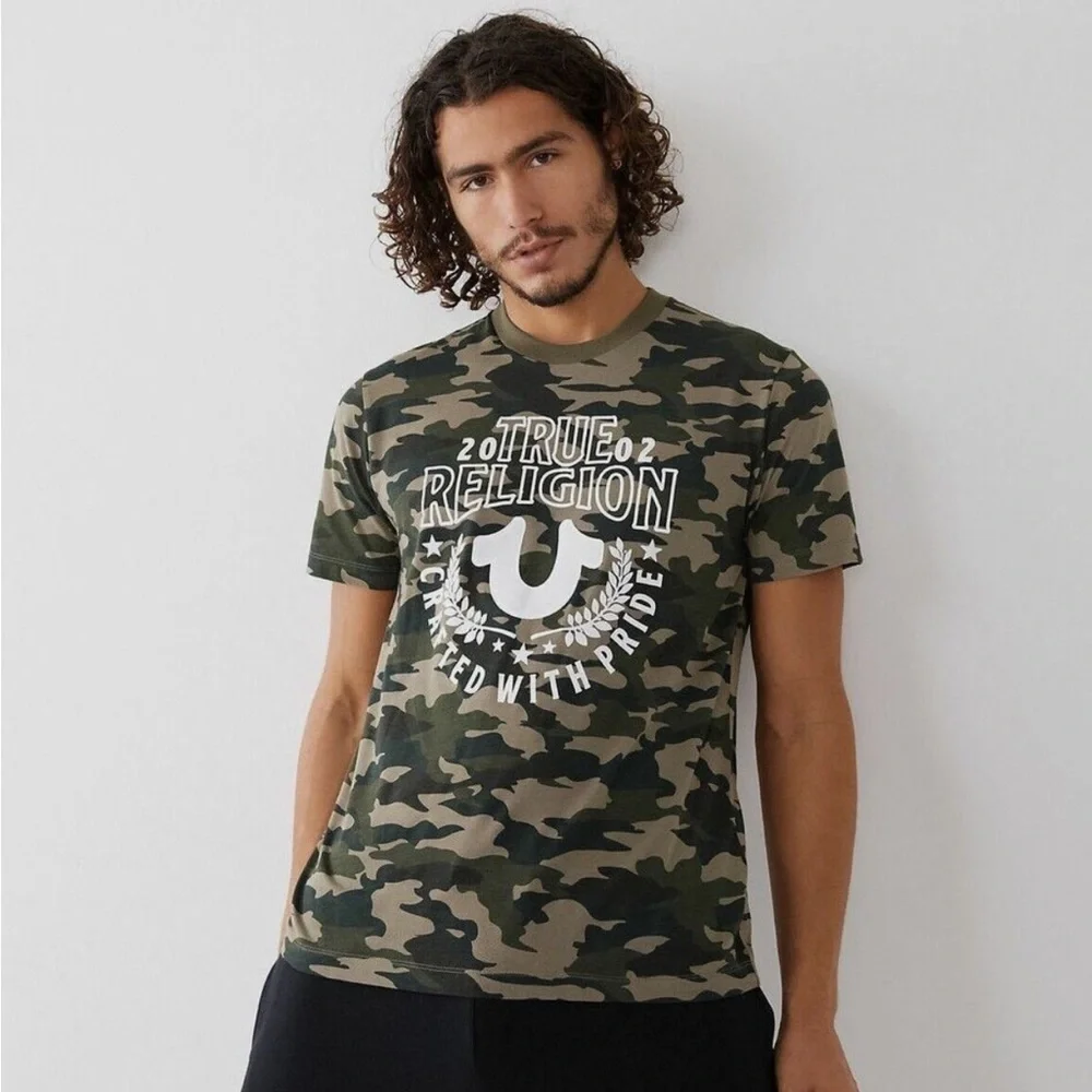True Religion Mens Graphic Tee Camo Print White Logo Crew Neck, Sz XL
